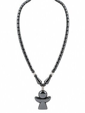 Hematite Angel Pendant Beaded Necklace
